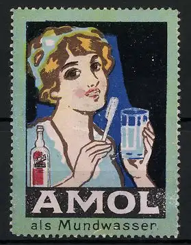 Reklamemarke Amol als Mundwasser, Frau mit Zahnbürste und Glas