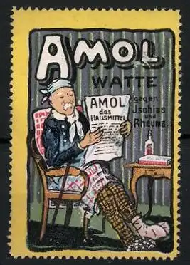 Reklamemarke Amol Watte - das Hausmittel gegen Ischias und Rheuma, Mann im Stuhl sitzend