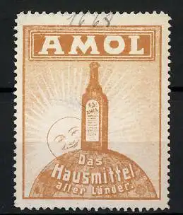 Reklamemarke Amol - das Hausmittel aller Länder, Flasche steht auf der Erdkugel, Sonne mit Gesicht