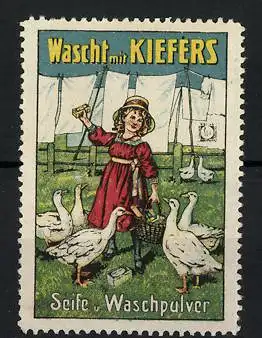 Reklamemarke Kiefer's Seife und Waschpulver, Mädchen mit weisser Wäsche auf der Leine