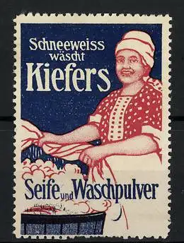 Reklamemarke Kiefer's Seife und Waschpulver wäscht Schneeweiss, Waschfrau