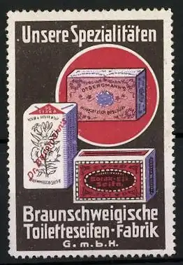 Reklamemarke Dr. Bergmann's Braunschweigische Toilettenseifen-Fabrik GmbH, Seifenschachteln
