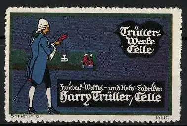 Reklamemarke Zwieback-, Waffel-und Keks-Fabriken Harry Trüller, Celle, Serie 1, Bild 6, Mann mit Gebäck