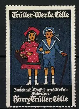 Reklamemarke Zwieback-, Waffel-und Keks-Fabriken Harry Trüller, Celle, Kinder mit Gebäck im Korb