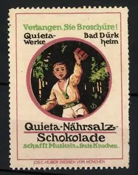 Künstler-Reklamemarke Sigmund von Suchodolski, Quieta Nährsalz-Schokolade - schafft Muskeln u. feste Knochen, Bube