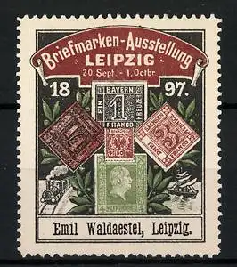 Reklamemarke Leipzig, Briefmarken-Ausstellung 1897, Briefmarken, Eisenbahn & Segelschiff, Emil Waldaestel, Leipzig