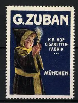 Reklamemarke G. Zuban, K. B. Hof-Cigaretten-Fabrik, München, Münchner Kindl beim Rauchen
