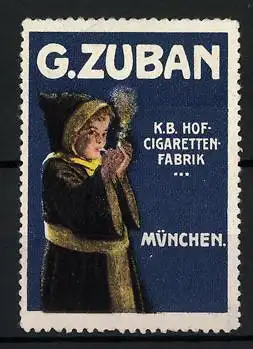 Reklamemarke G. Zuban, K. B. Hof-Cigaretten-Fabrik, München, Münchner Kindl beim Rauchen