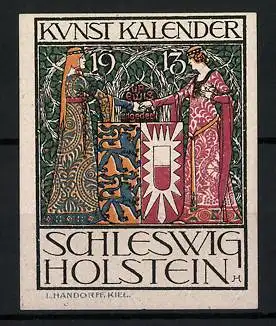 Reklamemarke Kunst-Kalender 1913, Schleswig Holstein, zwei Göttinen reichten sich die Hand, Wappen