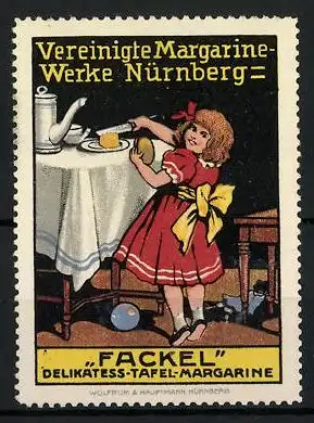 Reklamemarke Fackel Delikatess-Tafel-Margarine, Vereinigte Margarinewerke Nürnberg, Mädchen schmiert sich ein Brot