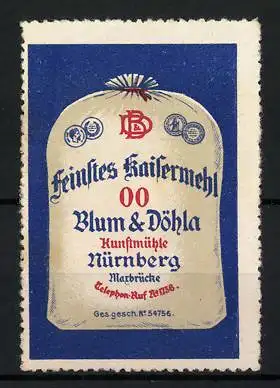 Reklamemarke Feinstes Kaisermehl, Kunstmühle Blum & Döhla, Nürnberg, Mehlsack