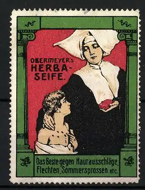 Reklamemarke Obermeyer's Herba-Seife - das Beste gegen Hautausschläge, Flechten und Sommersprossen, Nonne mit Kind