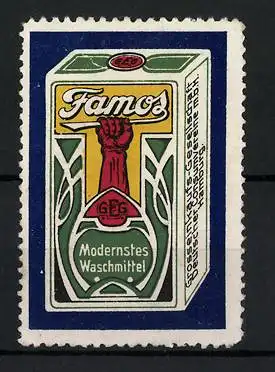 Reklamemarke Famos - Modernstes Waschmittel, Schachtel Waschpulver
