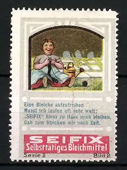 Reklamemarke Seifix - selbsttätiges Bleichmittel, Hausfrau beim Stricken, Serie II, Bild 2