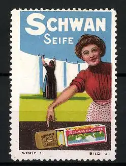 Reklamemarke Schwan-Seife, Waschfrau hängt Wäsche auf, Schachtel mit Seifenstück, Serie 1, Bild 2