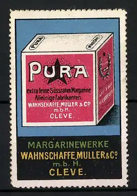 Reklamemarke Pura extra feine Süssrahm-Margarine, Wahnschaffe, Müller & Co., Cleve, Margarinewürfel
