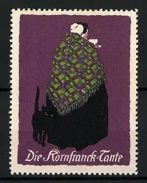 Künstler-Reklamemarke Ludwig Hohlwein, Portrait der Kornfranck-Tante mit Katze und Kaffeetasse