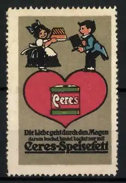 Reklamemarke Ceres Speisefett, Liebespaar mit Kuchen auf einem Herz