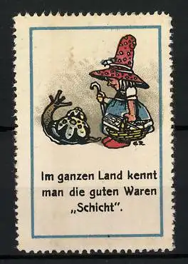 Reklamemarke Schicht-Waren, im ganzen Land bekannt, Zwergin mit Schnecke