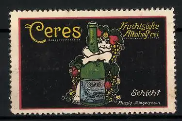 Reklamemarke Schicht's Ceres alkoholfreie Fruchtsäfte, Mädchen umarmt eine Flasche