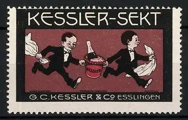 Reklamemarke Kessler-Sekt, G. C. Kessler & Co., Esslingen, zwei Kellner mit Flasche im Sektkühler