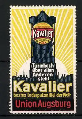 Reklamemarke Kavalier ist bestes Lederputzmittel der Welt, Union Augsburg, Turm mit Kavalier-Dose