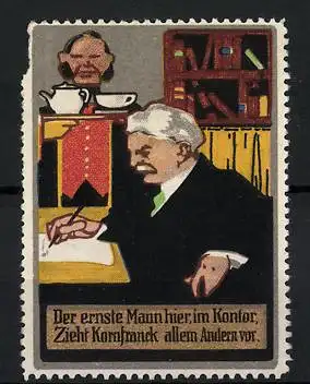 Reklamemarke Kornfranck Kaffeezusatz, Diener bringt einem Professor Kaffee