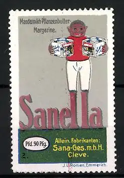Reklamemarke Sanella Mandelmilch-Pflanzenbutter-Margarine, Fabrikant Sana-Ges. mbH, Cleve, Afrikaner mit Margarine