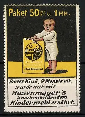 Reklamemarke Kindermehlfabrik Hugo Hasenmayer, Pforzheim, Baby steht an einer Schachtel Kindermehl