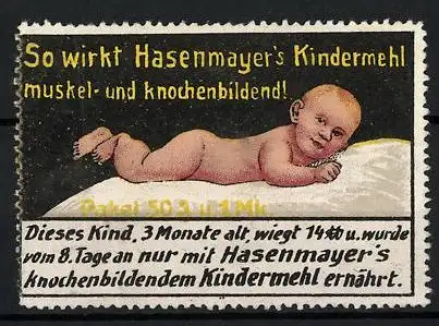 Reklamemarke Kindermehlfabrik Hugo Hasenmayer, Pforzheim, nacktes Baby liegt auf einem Kissen