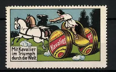 Reklamemarke Kavalier vorzügliche Lederputz-Creme, mit Kavalier im Triumph durch die Welt, Pferdewagen auf Dosenräder