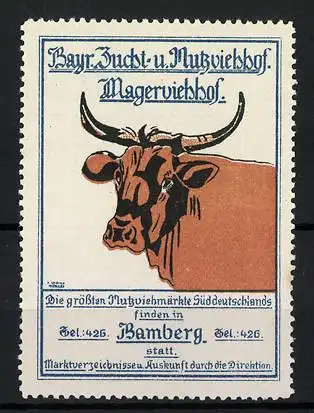 Reklamemarke Bamberg, Bayr. Zucht- und Nutzviehhof, Magerviehhof, Rind im Portrait