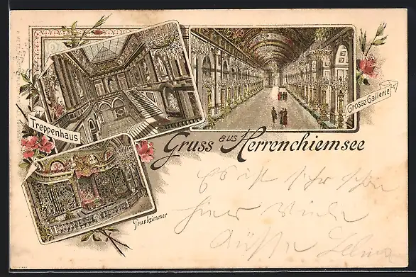Vorläufer-Lithographie Herrenchiemsee, 1895, Innenansichten grosse Gallerie, Treppenhaus und Trunkzimmer