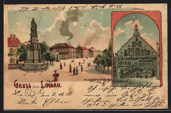 Lithographie Lindau / Bodensee, Maximiliansdenkmal, Ansicht vom Rathaus