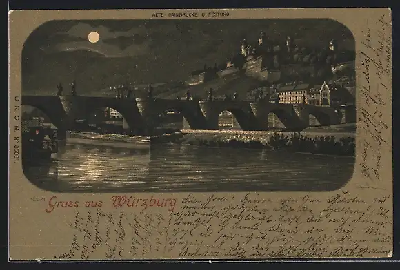 Lithographie Würzburg, Alte Mainbrücke und Festung