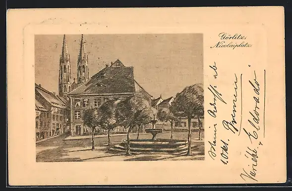 Künstler-AK Görlitz, Nicolaiplatz mit Brunnen