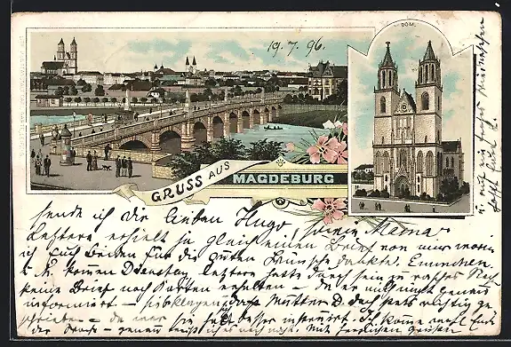 Lithographie Magdeburg, Teilansicht mit Brücke, Dom