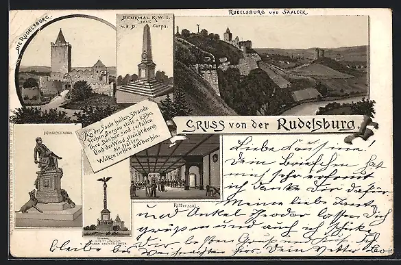 Lithographie Rudelsburg, Saaleck, Rittersaal, Bismarckdenkmal