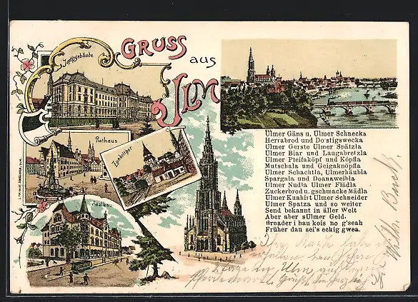 Lithographie Ulm / Donau, Rathaus, Münster, Panorama von der Ostseite