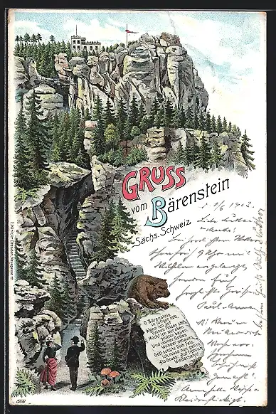 Lithographie Bärenstein /Sächs. Schweiz, Fels Bärenstein