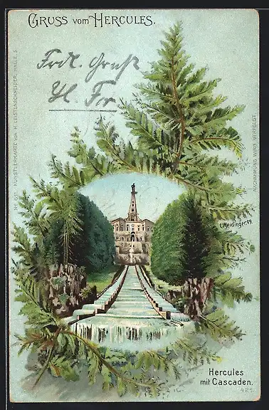 Lithographie Kassel, Hercules mit Cascaden, Ansicht auf Farnwedel