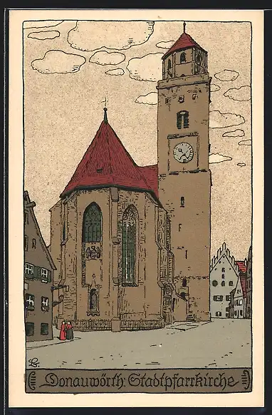 Steindruck-AK Donauwörth, Abbild der Stadtpfarrkirche