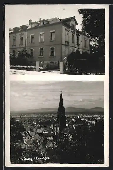 AK Freiburg /Breisgau, Gebäudeansicht, Teilansicht mit Kirche