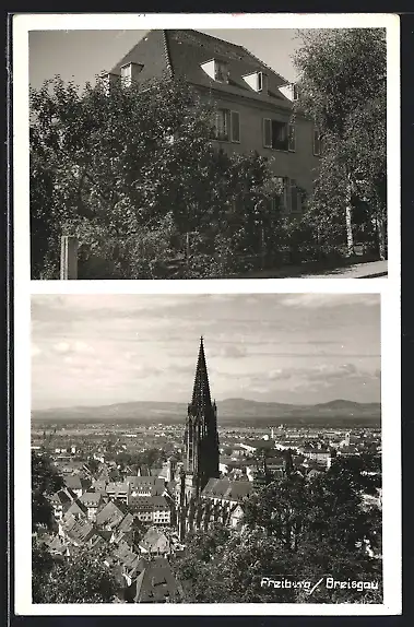 AK Freiburg /Breisgau, Gebäudeansicht, Teilansicht mit Kirche