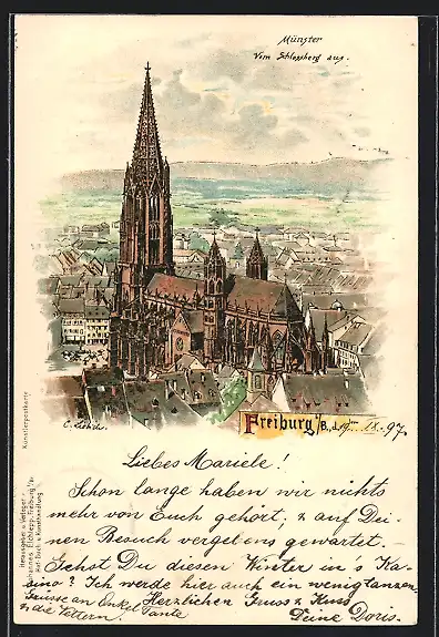 Lithographie Freiburg i. Br., Münster vom Schlossberg aus