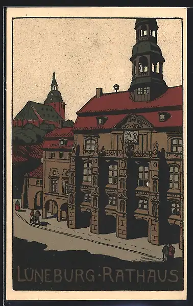 Steindruck-AK Lüneburg, Passanten vor dem Rathaus