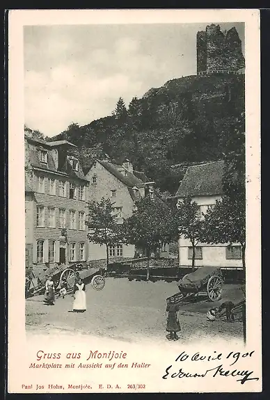 AK Montjoie, Marktplatz mit Aussicht auf den Haller