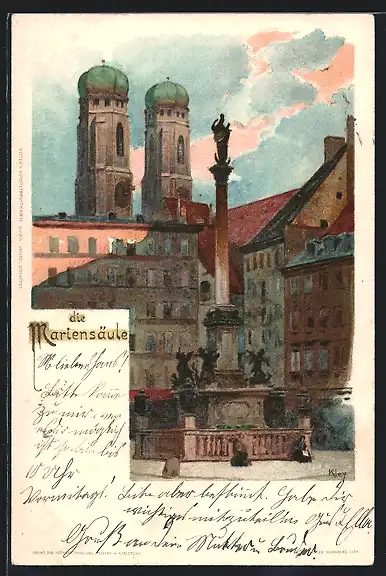 Künstler-AK Heinrich Kley: München, Mariensäule auf dem Marienplatz