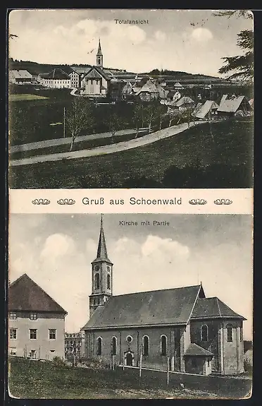 AK Schönwald / Baden, Totalansicht, Kirche mit Partie