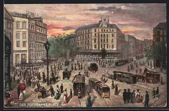 Künstler-AK Berlin-Tiergarten, Strassenbahnen am Potsdamer Platz